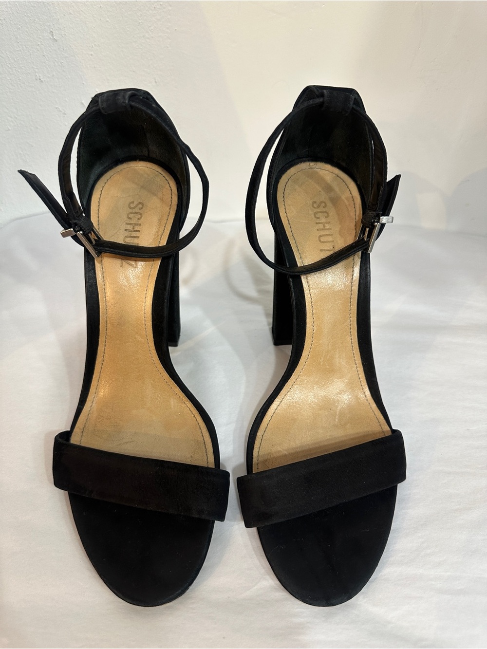 SCHUTZ Black Suede Ankle-Strap Block Heels